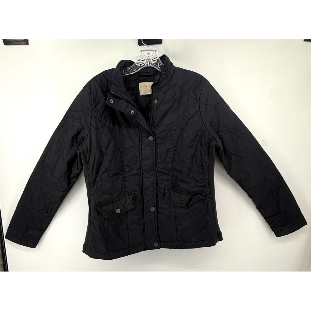 A New Day Womens Black Quilted Mock Neck Jacket Full Zip Snap Pockets Medium